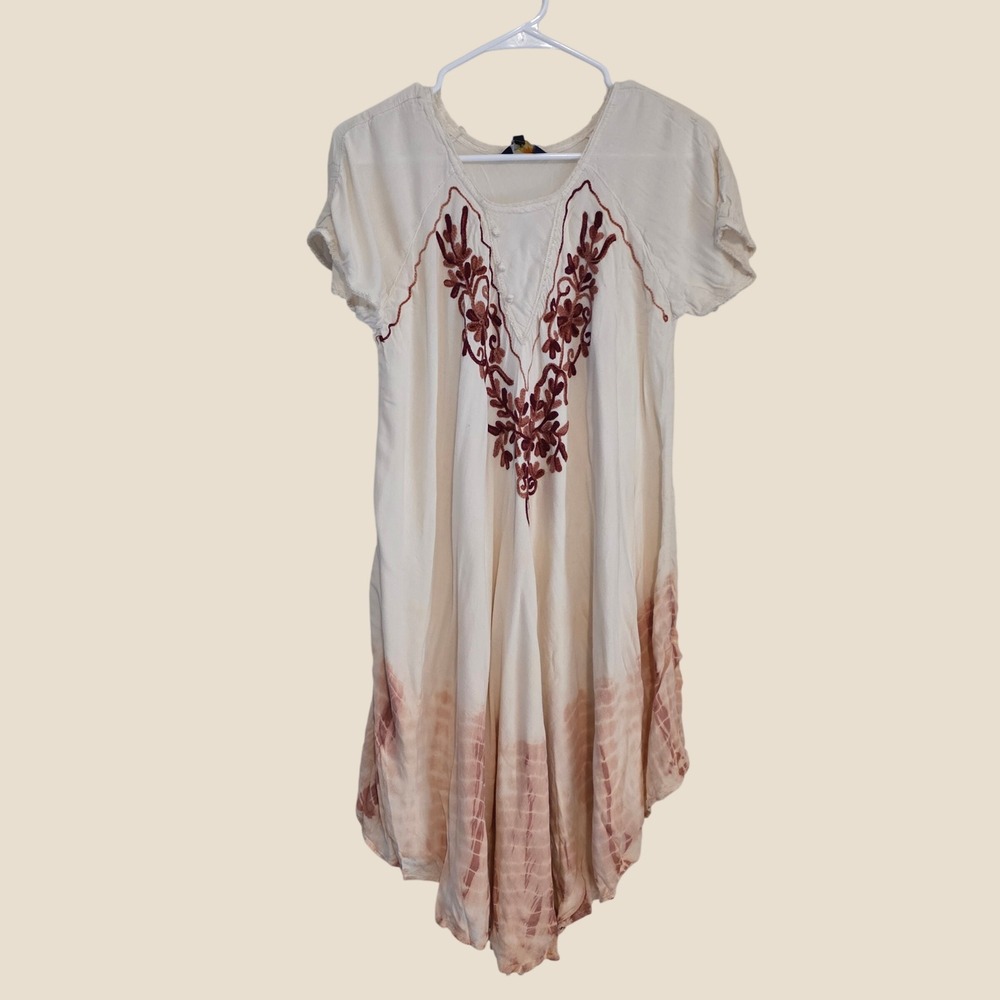 Riviera Sun Womens Tie Dye Boho Dress Free Size Cream Embroidered Ren Faire Midi